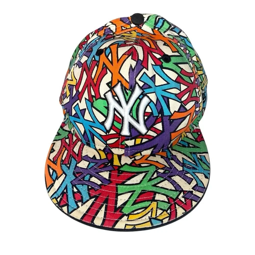 New York Yankees Hat Cap Fitted Mens 7 1/4 White Logo MLB Baseball New Era -RARE